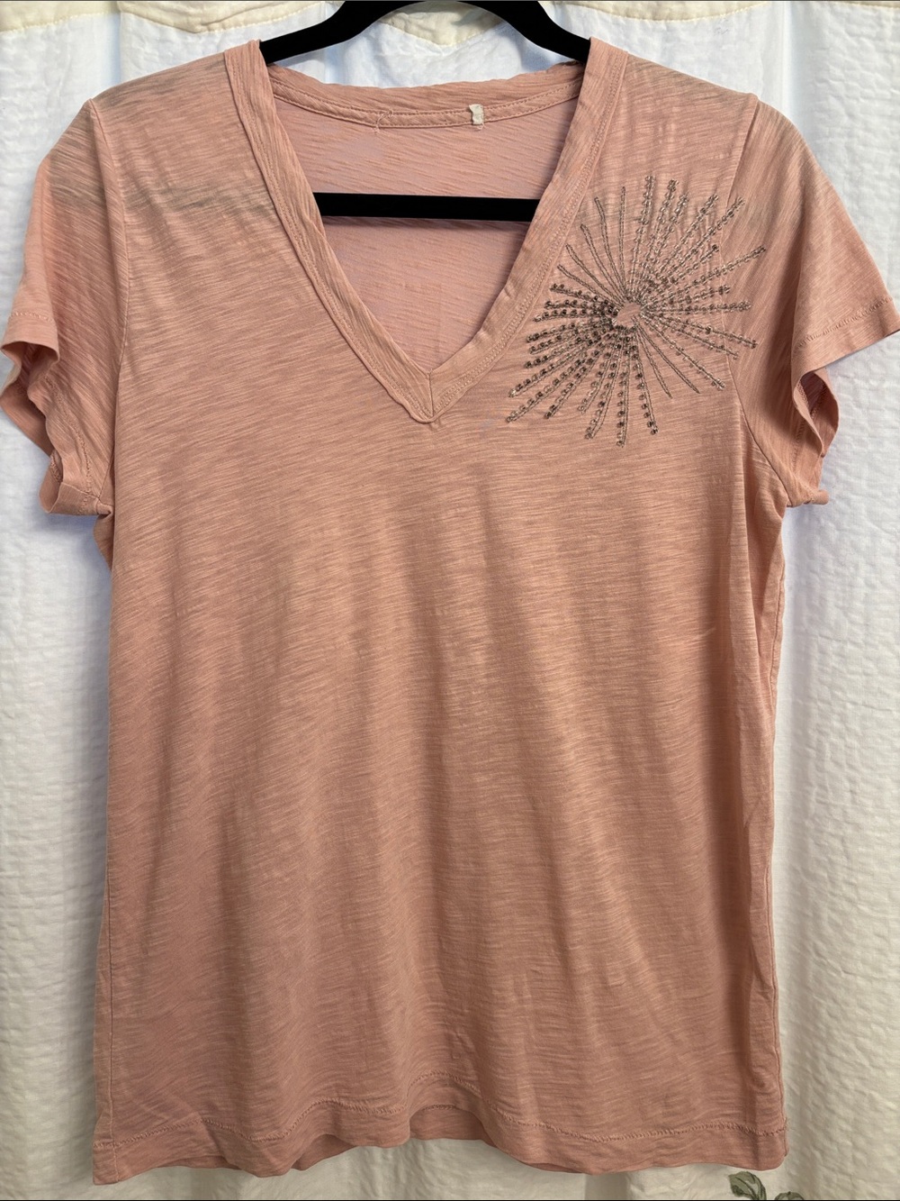Women's V-Neck Embellished Tee - Dusty Rose